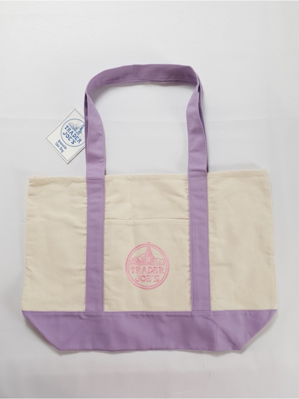 Trader Joe’s Reusable Pastel Large Canvas Tote Bag Purple & Cream 💜